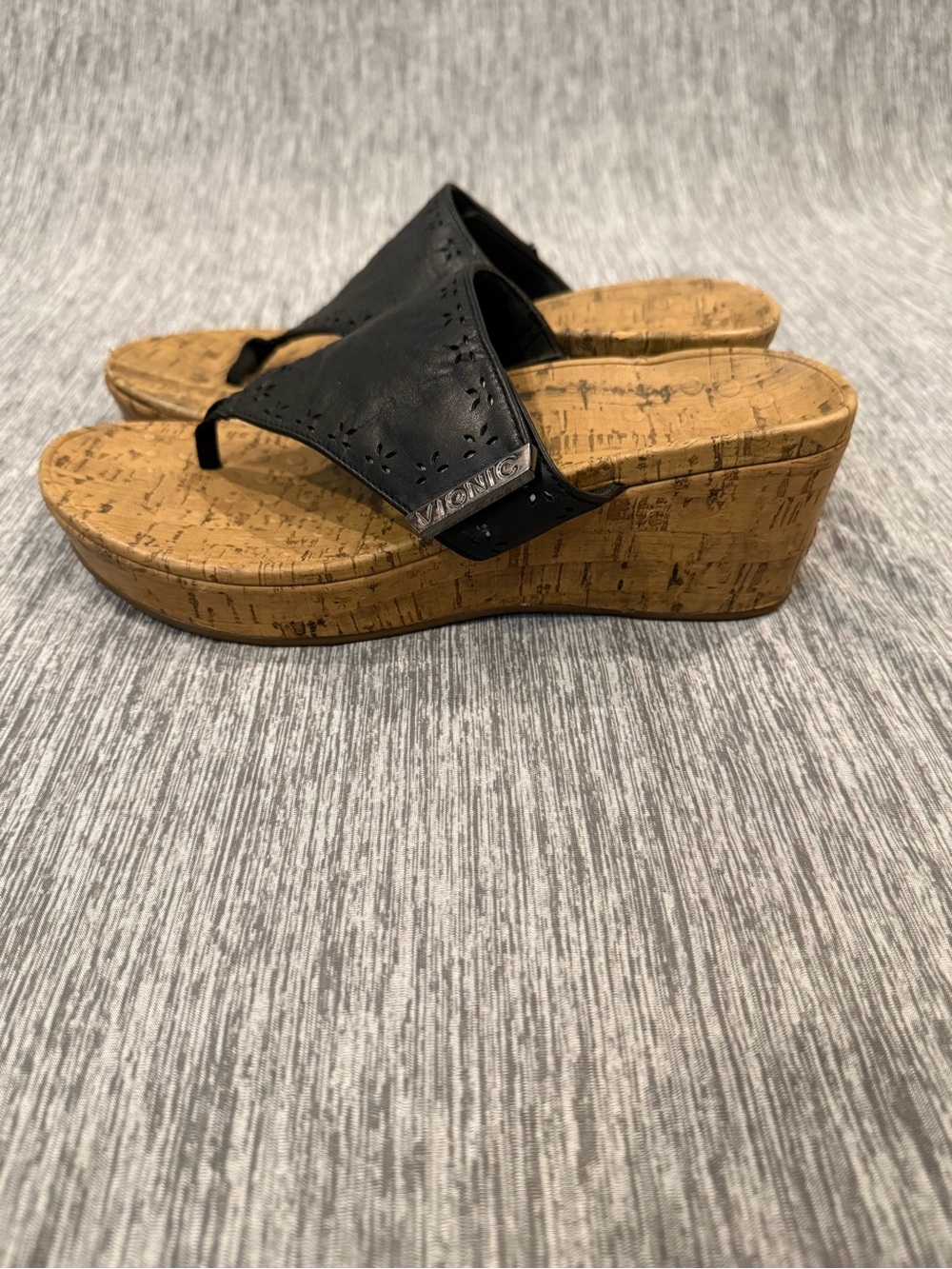 Vionic Anitra Black Leather Cork Wedge Thong Sandals